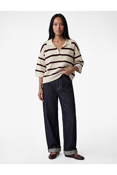 Koton Long Sleeve Striped Polo Collar Knitwear Sweater