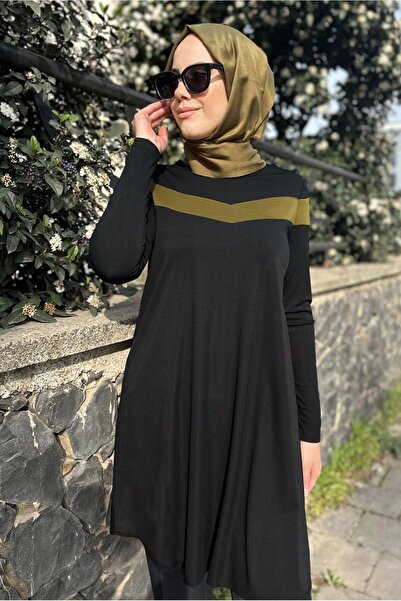TRENDTESETTÜR KADIN SİYAH ŞERİT DETAYLI BİSİKLET YAKA TUNİK 4778