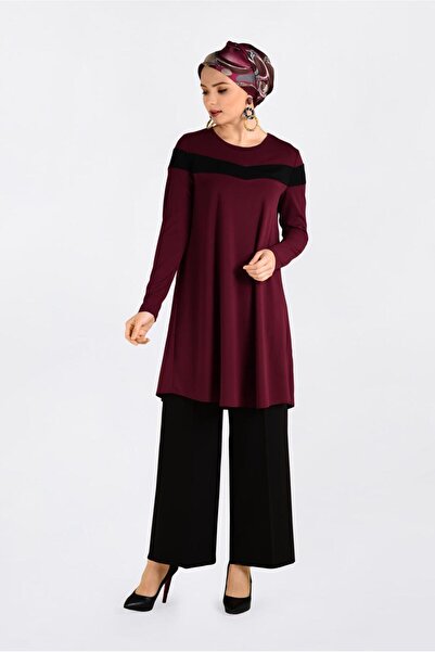 TRENDTESETTÜR KADIN BORDO (VİŞNE) ŞERİT DETAYLI BİSİKLET YAKA TUNİK 4778