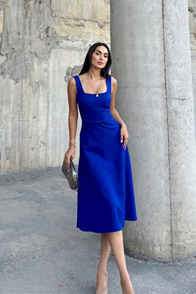 Sindimoda İdil Kare Yaka Kalın Askılı Midi Elbise 2248