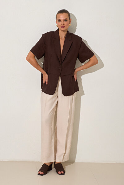 Setre Acı-Kahve 100% лен, копчета и детайли в талията, широка кройка, къса ръ...