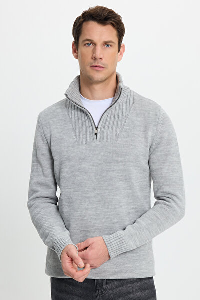 Tudors Ανδρικό πουλόβερ εφαρμοστό με φερμουάρ, γκρι ψηλός λαιμός