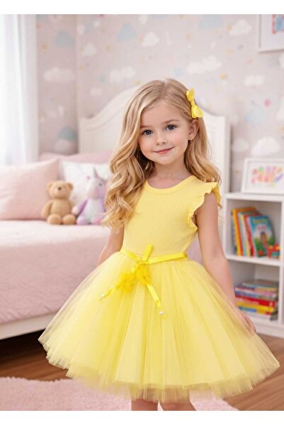 Retro Women Kız Çocuk Sarı Doğum Günü Özel Gün Günlük Pamuklu Tül Prenses Elbise