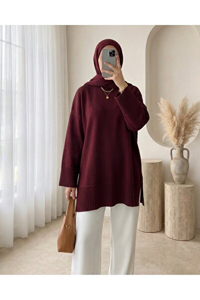 Modamorfo Ribbed Round Neck Slit Knitwear Tunic with Ribbed Hem and Sleeve Cu...