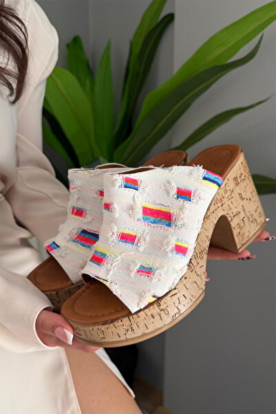 Preshley Women's Silva White Denim Cork Sole Orthopedic Platform Heel Slippers