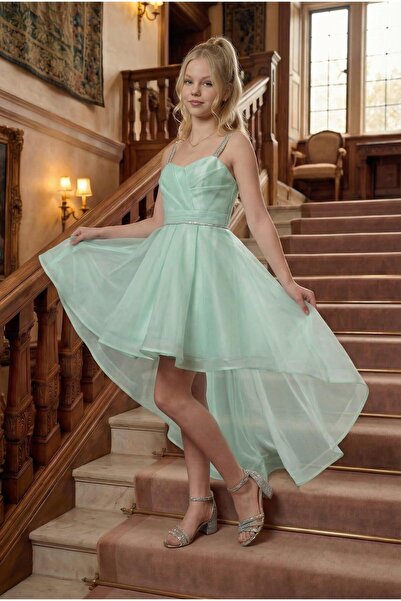 BUTİKHAPPYKİDS Момичешка рокля за специални поводи в ментовозелено с камъни, ...