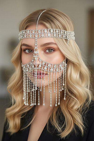 TAKIŞTIR Gümüş Renk Taş Detaylı Dansöz Maskesi