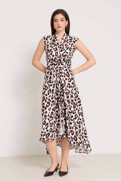 Setre Cream - Bitter Brown Sleeveless Dress with Neck and Waist Detail and Le...