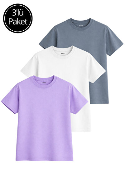 Rich Pachet de 3 tricouri de damă, antracit-liliac-alb, 100% bumbac, oversize...