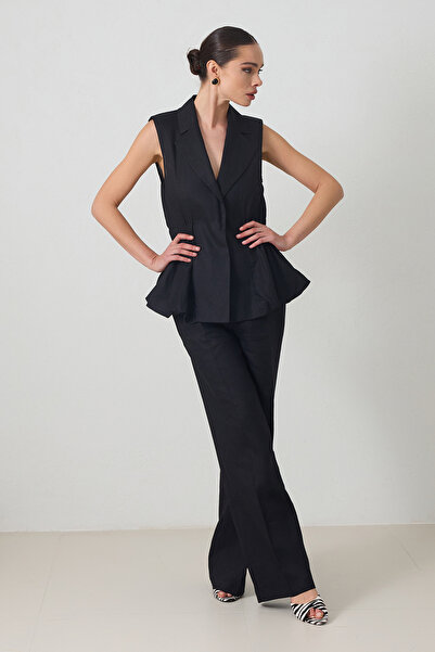 Setre Siyah %100 Keten Bel Ve Yaka Detaylı Yelek Rahat Kesim Pantolonlu Takım
