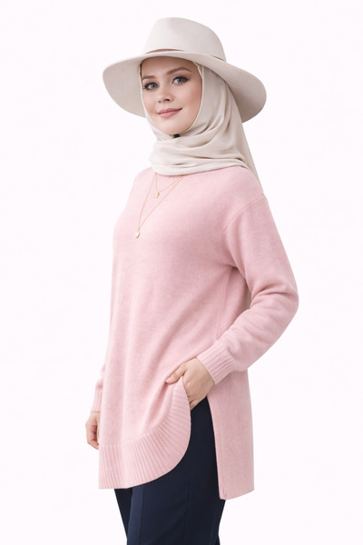 Kırlangıç Moda Pembe Oversize Bisiklet Yaka Kadın Triko Tunik