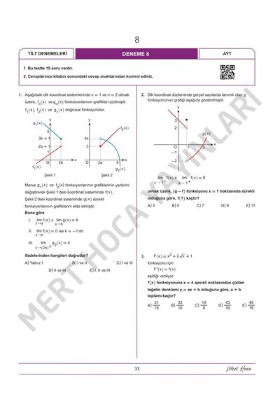 Mert Hoca Yayınları AYT TİLT Denemeleri Trigonometri İntegral Limit Türev 30'lu Deneme Mert Hoca
