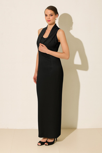 Setre Black Collar Detailed Sleeveless Full Fit Comfortable Cut Dress