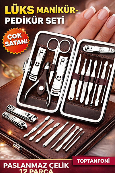 TOPTANFONİ Çantalı 12 Parça Manikür Pedikür Seti - Tırnak Makası, Cımbız, Tör...