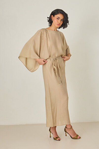 Setre Beige Slim Fit Shoulder Detail Stone Embellished Waist Tie Midi Length ...