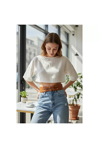 leopardess Taba Kadın Kemer Kalın Çift Tokalı Bel Aksesuarı