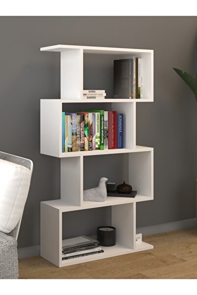 Mirobi Derbent 4 Raflı Kitaplık Zikzak Dekoratif Raf Zigzag Kitaplık, Beyaz