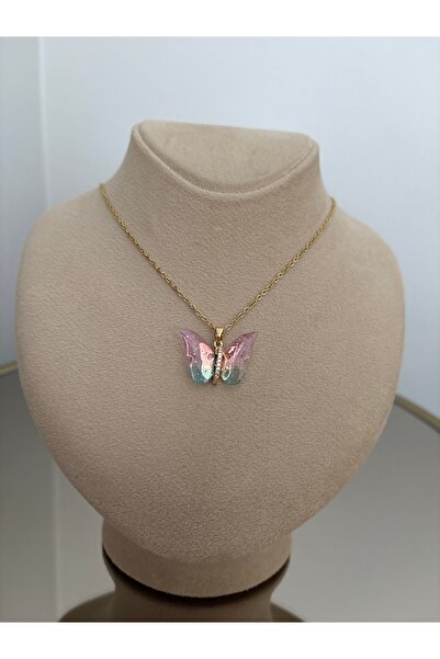 Pembe Yeşil Kanatlı Kelebek Gold Çelik Kolye