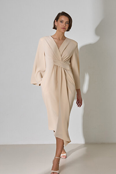 Setre Beige V-Neck Long Sleeve Midi Dress with Waist Detail