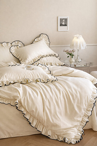 GÖRMEZ TEKSTİL Комплект спално бельо от чист памук с набори, черно, с бродери...