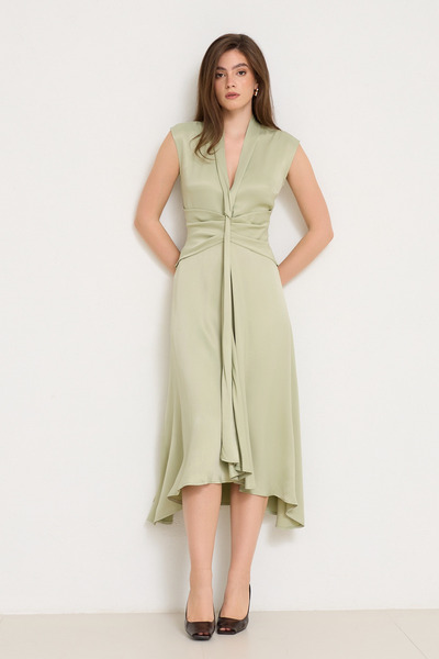 Setre Nil Yeşili V Yaka Belden Detaylı Midi Boy Kolsuz Elbise