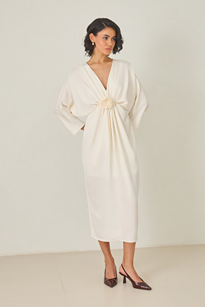 Setre Cream Deep Cut and Rose Detailed Long Dress