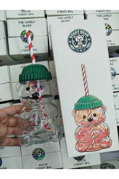 Blissmood Barista ayıcıklı teddy pipetli cam soğuk içecek bardağı