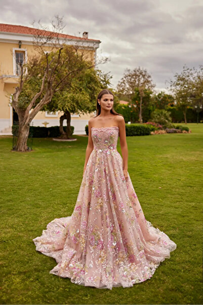 Hanımefendi Giyim فستان سهرة طويل بتصميم الأميرة مع تطريز الزهور واللؤلؤ، بدو...