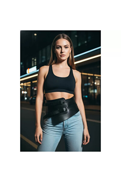 leopardess Siyah Kadın Kemer Korse Tipi Kalın Çift Tokalı Deri