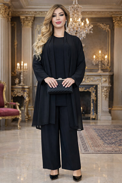 Yeşilmoda Suit 3 Top Tunic Pants Crepe Fabric and Chiffon High Quality Black ...