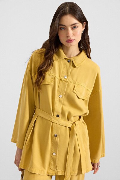 Olcay Snap Fastener Soft Denim Jacket and Trousers Two-Piece Set Yellow 9398-Tk