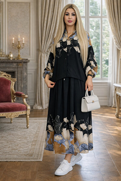 Yeşilmoda بدلة، قماش كتان، جودة عالية، خصر ليكرا، أزرار، قماش زهري، كاجوال، م...