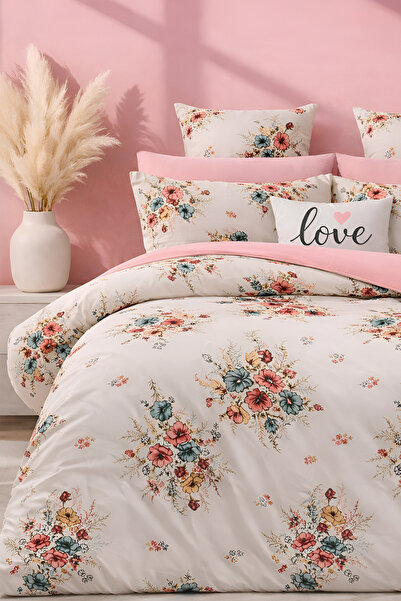 İQON طقم غطاء لحاف مع ملاءة مطاطية لسرير فردي، تصميم باقة السلمون