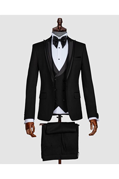 echol Erkek Siyah Kırlangıç Yaka Damatlık Smokin Takım Elbise