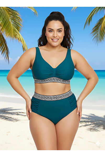 hazelin Women's Green High Waist Stripe Detailed Supported Plus Size Bikini S...