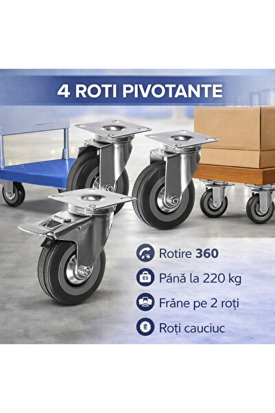 SMARTECH Set 4 roți industriale pivotante cu frâne, rotație 360°, argintii și...