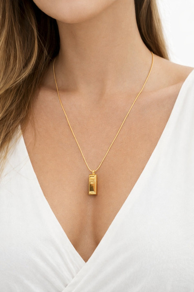 Stelo Forte Çelik Kolye Altın Renk Külçe Figürlü Paslanmaz Çelik Kolye