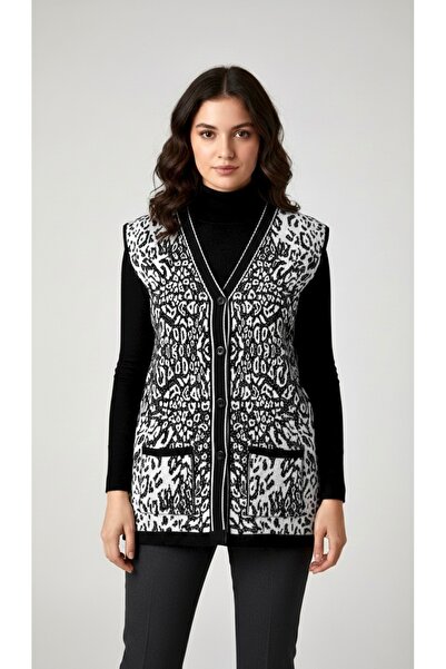 SİNAY TRİKO Women's Leopard Patterned Pocketed Buttoned Side Slit Knitwear Mo...