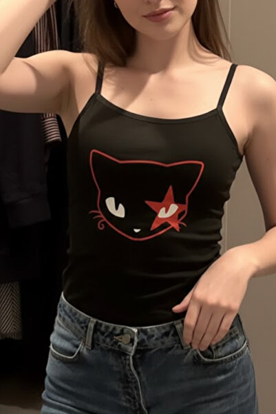 Köstebek Μαύρο κόκκινο μάτι Cat Face Strap Crop
