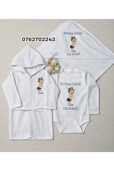 Botez Set pentru prima baita – Print albastru cu prosop, body, halat si sacul...