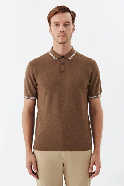 Sabri Özel Polo Yaka Düğmeli Jakar Desenli Pamuk Erkek Triko T-Shirt Kiremit