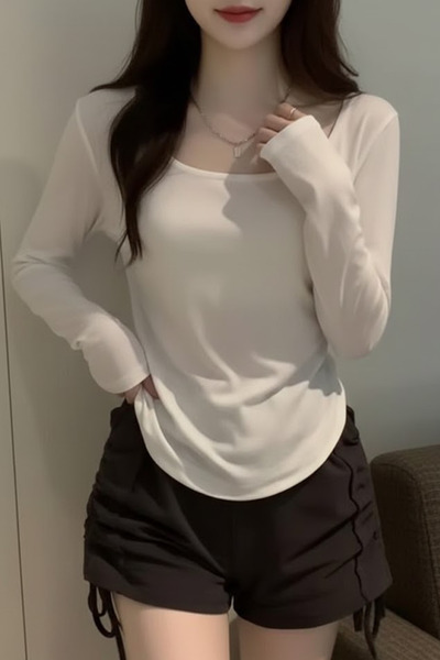 Köstebek أبيض أساسي بأكمام طويلة