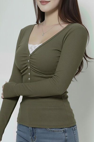 Karakedi Yeşil Dantelli Düğmeli Y2K Uzun Kollu Crop