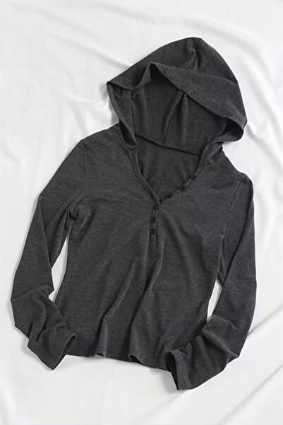 Karakedi Antrasit Henley Yaka Y2K Kapüşonlu Uzun Kollu Crop