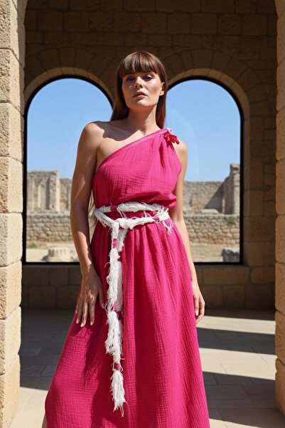 Su Koleksiyon Φούξια LAGINA Muslin Boho Style One Shoulder Maxi Φόρεμα