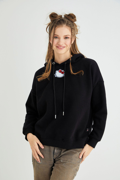 Hello Kitty Lisanslı Baskılı Kapüşonlu Kalın Sweatshirt