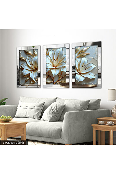 Evinemoda Gold Yapraklı Zambak 3 Parça Gümüş Pleksi Aynalı Tablo