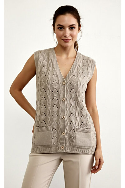 SİNAY TRİKO Kadın Yeni Geometrik Desenli Cepli Düğmeli Triko Anne Yelek