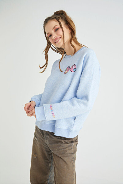 Hello Kitty Lisanslı Baskılı Kalın Mavi Sweatshirt