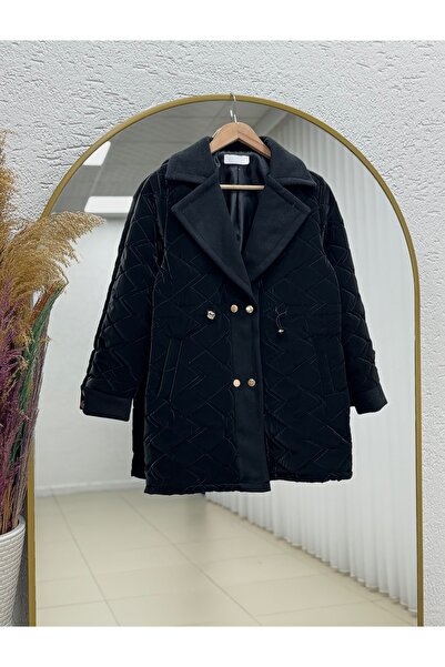 BENAHOLL Alva Düğmeleri Çıtçıtlı Beli Sıkmalı Kapitone Kısa Mont-EN2108 Siyah